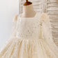 Square Neck Long Sleeves Crystal Beaded Wedding Flower Girl Dress, Horsehair