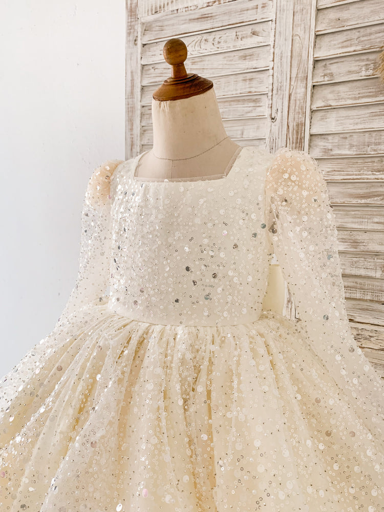 Square Neck Long Sleeves Crystal Wedding Flower Girl Dress, Horsehair - Flower Girl Dresses Square Neck Long Sleeves Crystal Wedding Flower Girl Dress, Horsehair - Flower Girl Dresses