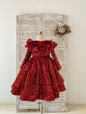 Long Sleeves Burgundy Sequin Ruffle Neck Wedding Flower Girl Dress 8T