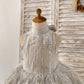 Pink / Silver Gray Jacquard Feather High Neck Wedding Party Flower Girl Dress
