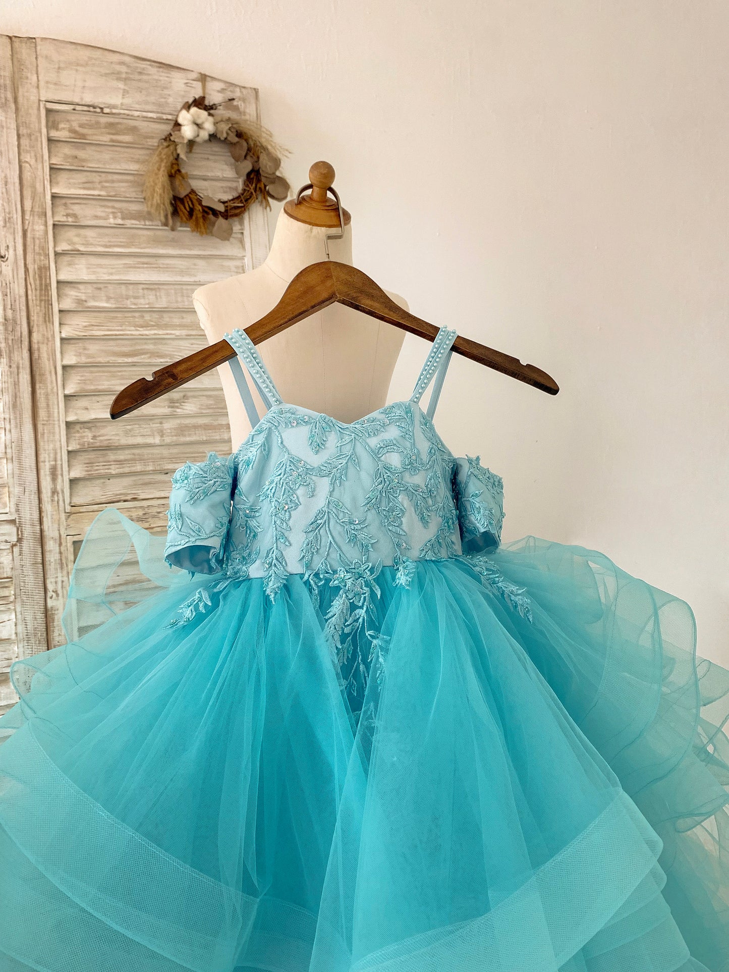Teal Lace Tulle Off Shoulder Beaded Straps Horsehair Wedding Flower Girl Dress