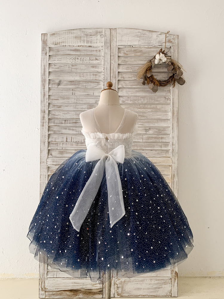 Ombre Pink / Navy Stars Tulle Flower Girl Dress Kids Party Dress 8T / Ivory-Navy Ombre Pink / Navy Stars Tulle Flower Girl Dress Kids Party Dress 8T / Ivory-Navy