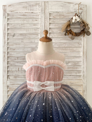 Ombre Pink / Navy Stars Tulle Flower Girl Dress Kids Party Dress 8T / Ivory-Navy Ombre Pink / Navy Stars Tulle Flower Girl Dress Kids Party Dress 8T / Ivory-Navy