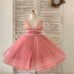 Sheer Neck Pleated Mauve Tulle V Back Horsehair Wedding Flower Girl Dress, Bowknot