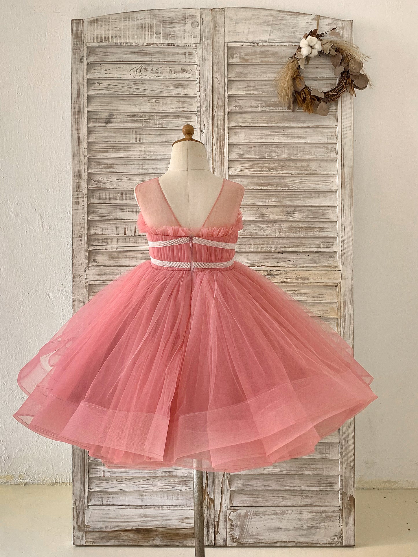 Sheer Neck Pleated Mauve Tulle V Back Horsehair Wedding Flower Girl Dress, Bowknot