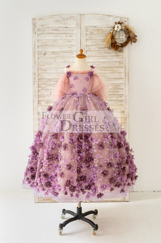 3D Purple Lace Flower Tulle Wedding Flower Girl Dress Kids Party Dress Photography Dress