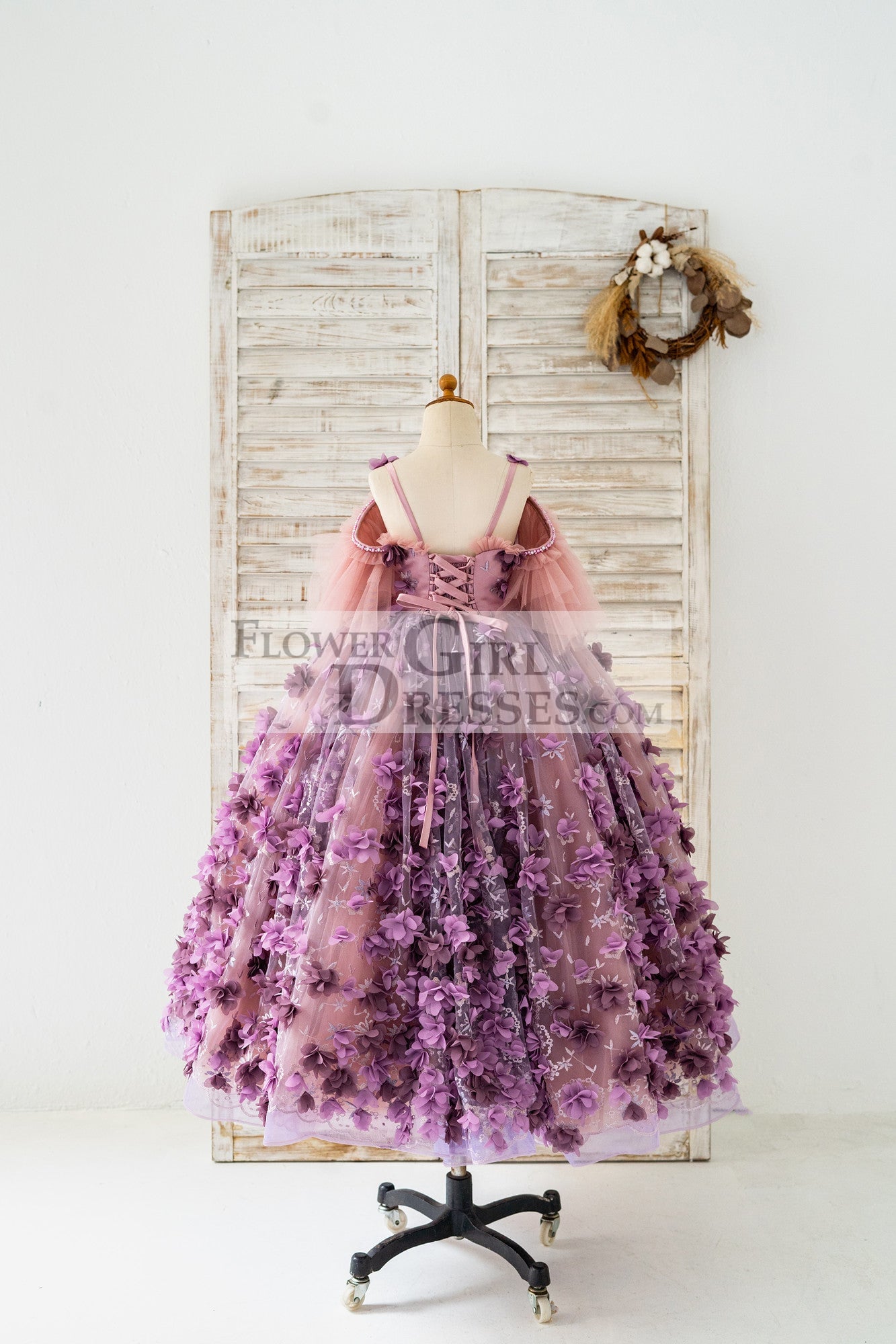 3D Purple Lace Flower Tulle Wedding Flower Girl Dress Kids Party Dress Photography Dress