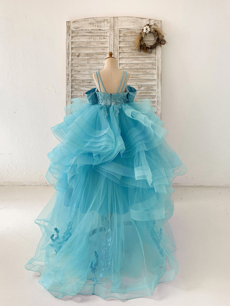 Teal Lace Tulle Off Shoulder Beaded Horsehair Flower Girl Dress 3T