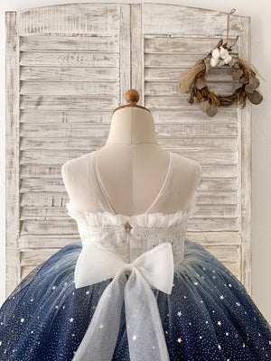 Ombre Pink / Navy Stars Tulle Flower Girl Dress Kids Party Dress 8T / Ivory-Navy Ombre Pink / Navy Stars Tulle Flower Girl Dress Kids Party Dress 8T / Ivory-Navy
