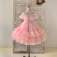 Sheer Neck Pink Ruffles Tulle Wedding Flower Girl Dress Kids Party, Glittering Bow