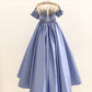 Short Sleeves Sheer Neck Light Blue Satin Wedding Flower Girl Dress, Beaded Lace