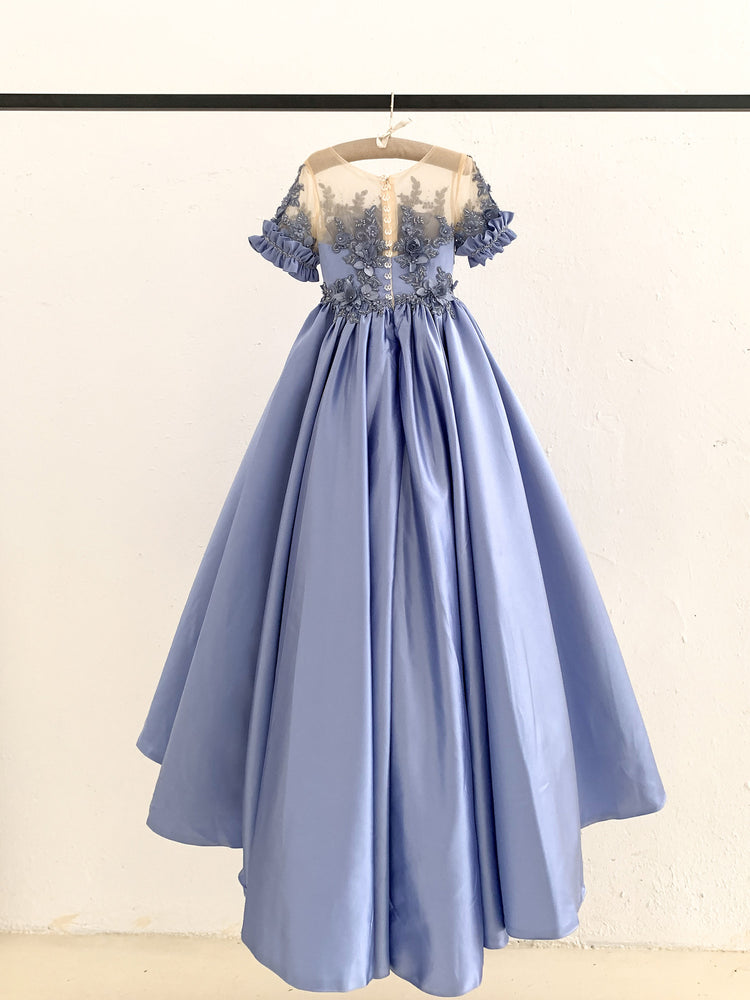 Short Sleeves Sheer Neck Light Blue Satin Flower Girl Dress, Lace 6T Short Sleeves Sheer Neck Light Blue Satin Flower Girl Dress, Lace 6T