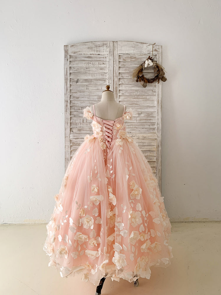 Peach 3D Lace Tulle Off Shoulder Flower Girl Dress Kids Pageant Gown 5T Peach 3D Lace Tulle Off Shoulder Flower Girl Dress Kids Pageant Gown 5T