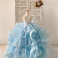 Beaded Butterfly Light Blue Straps Ruffle Tulle Horsehair Wedding Flower Girl Dress