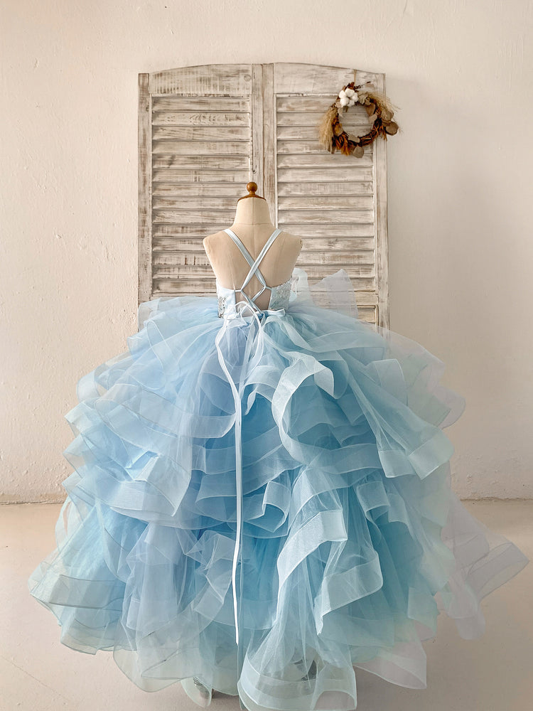 Beaded Butterfly Light Blue Ruffle Tulle Horsehair Flower Girl Dress - Flower Girl Dresses Beaded Butterfly Light Blue Ruffle Tulle Horsehair Flower Girl Dress - Flower Girl Dresses