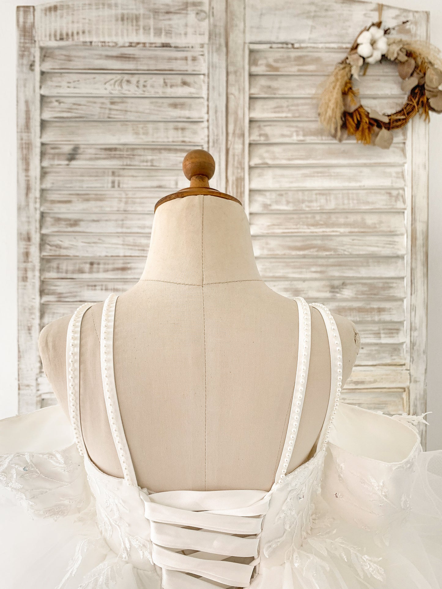 Off Shoulder Ivory Lace Tulle Straps Corset Back Horsehair Wedding Flower Girl Dress