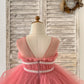 Sheer Neck Pleated Mauve Tulle V Back Horsehair Wedding Flower Girl Dress, Bowknot