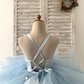 Beaded Butterfly Light Blue Straps Ruffle Tulle Horsehair Wedding Flower Girl Dress
