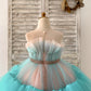 Sheer Neck Pink+Teal Tulle Ruffles Wedding Flower Girl Dress Kids Occasion Dress