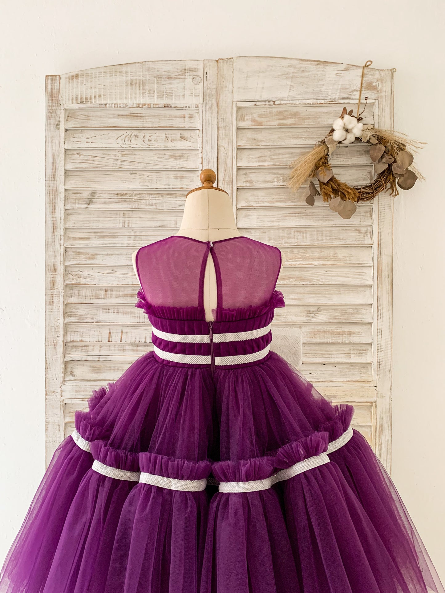 Princess Sheer Neck Pleated Purple Tulle Wedding Flower Girl Dress, Bow