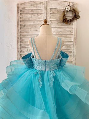 Teal Lace Tulle Off Shoulder Beaded Horsehair Flower Girl Dress - Flower Girl Dresses Teal Lace Tulle Off Shoulder Beaded Horsehair Flower Girl Dress - Flower Girl Dresses