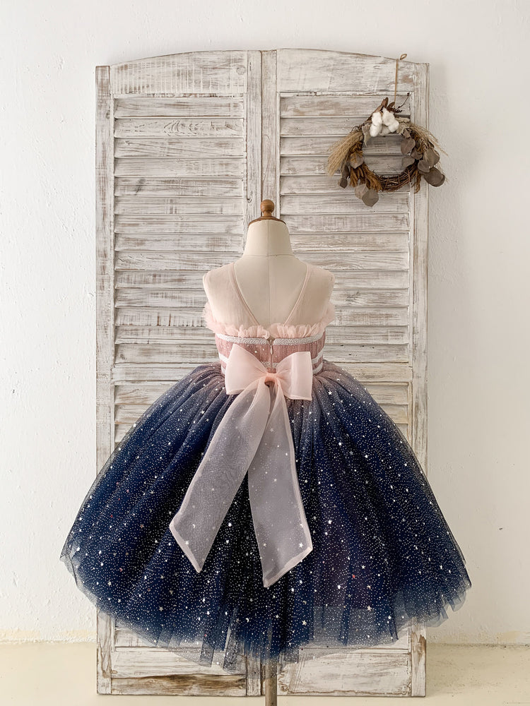 Ombre Pink / Navy Stars Tulle Flower Girl Dress Kids Party Dress 8T / Ivory-Navy Ombre Pink / Navy Stars Tulle Flower Girl Dress Kids Party Dress 8T / Ivory-Navy
