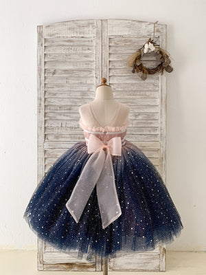 Ombre Pink / Navy Stars Tulle Flower Girl Dress Kids Party Dress 8T / Ivory-Navy Ombre Pink / Navy Stars Tulle Flower Girl Dress Kids Party Dress 8T / Ivory-Navy