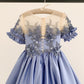 Short Sleeves Sheer Neck Light Blue Satin Wedding Flower Girl Dress, Beaded Lace
