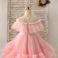Sheer Neck Pink Ruffles Tulle Wedding Flower Girl Dress Kids Party, Glittering Bow
