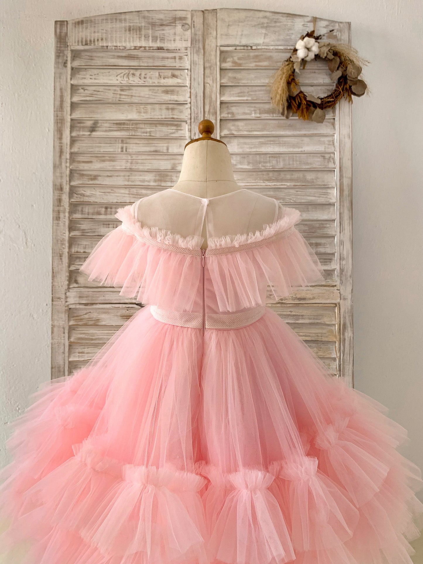 Sheer Neck Pink Ruffles Tulle Wedding Flower Girl Dress Kids Party, Glittering Bow