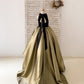 Black Velvet Gold Jacquard Keyhole Back Wedding Party Flower Girl Dress