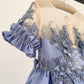 Short Sleeves Sheer Neck Light Blue Satin Wedding Flower Girl Dress, Beaded Lace