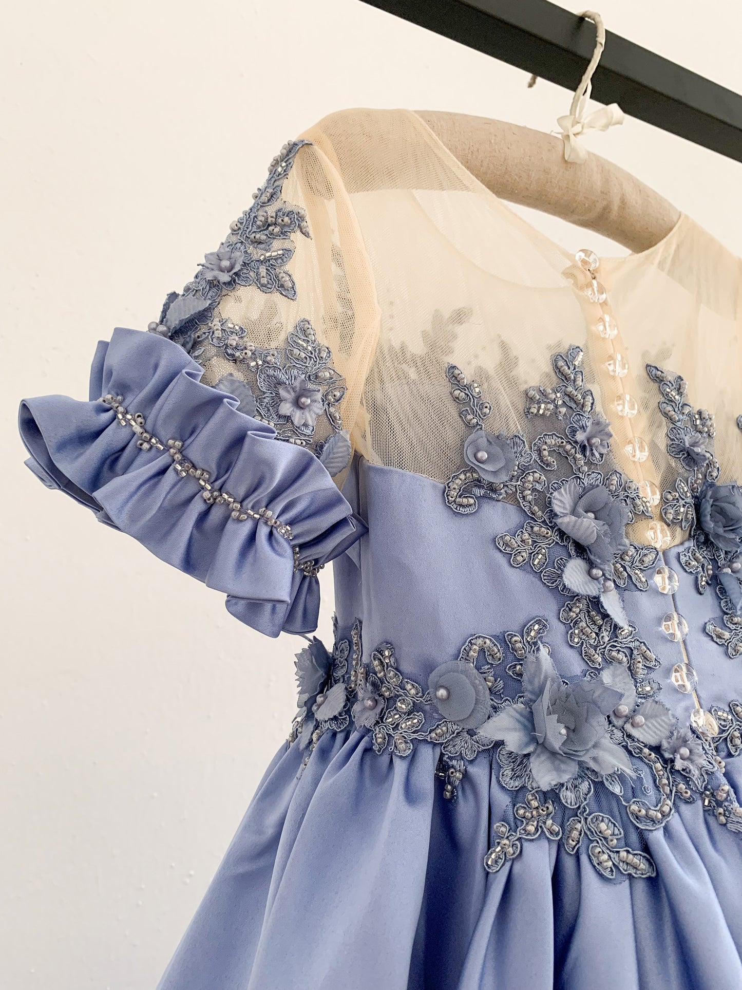 Short Sleeves Sheer Neck Light Blue Satin Wedding Flower Girl Dress, Beaded Lace