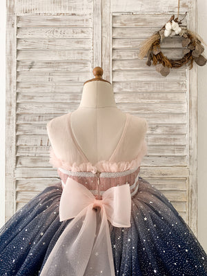 Ombre Pink / Navy Stars Tulle Flower Girl Dress Kids Party Dress 8T / Ivory-Navy Ombre Pink / Navy Stars Tulle Flower Girl Dress Kids Party Dress 8T / Ivory-Navy
