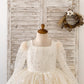 Square Neck Long Sleeves Crystal Beaded Wedding Flower Girl Dress, Horsehair