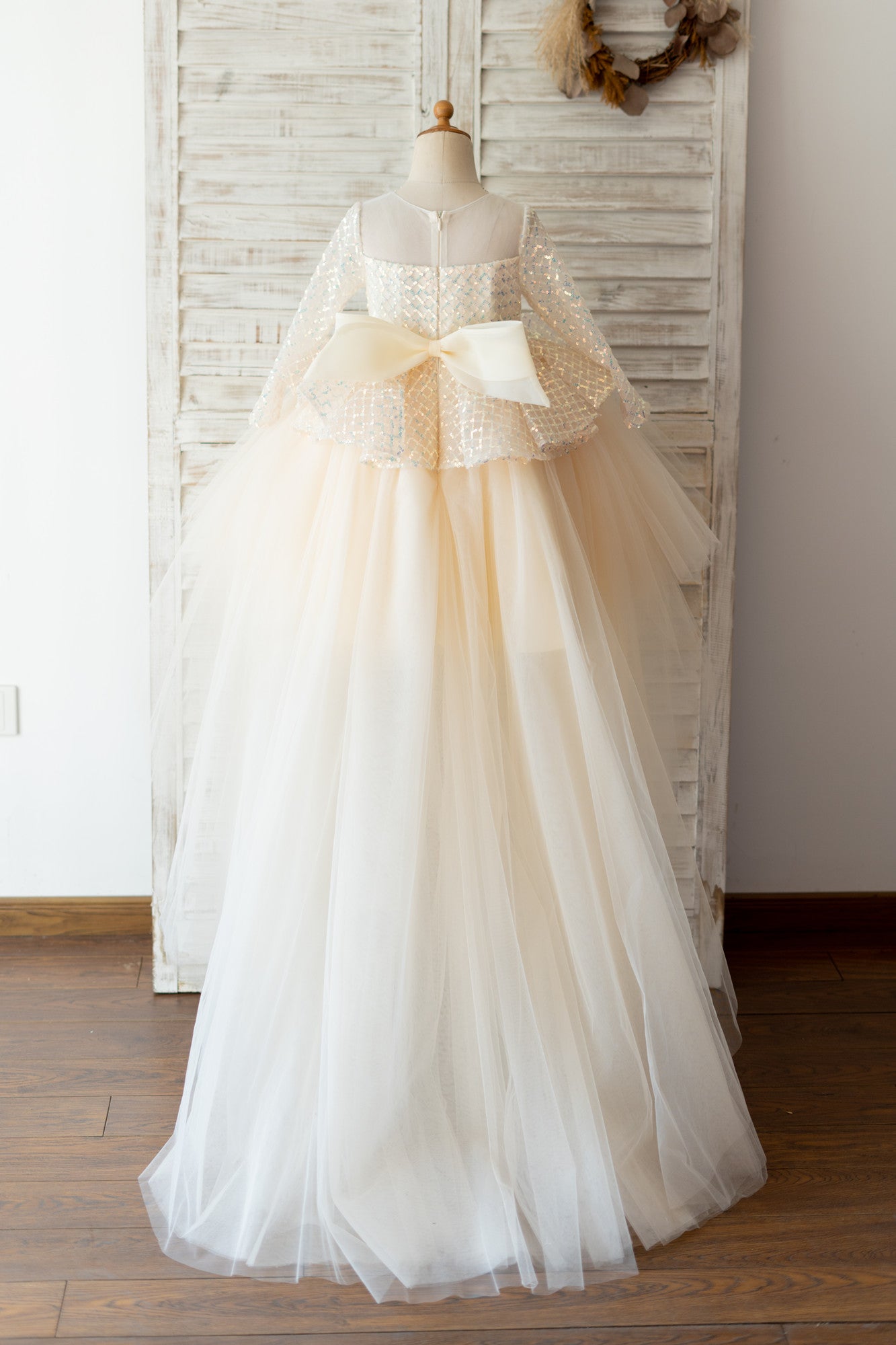 Hi-Low Long Sleeves Champagne Sequin Tulle Wedding Flower Girl Dress