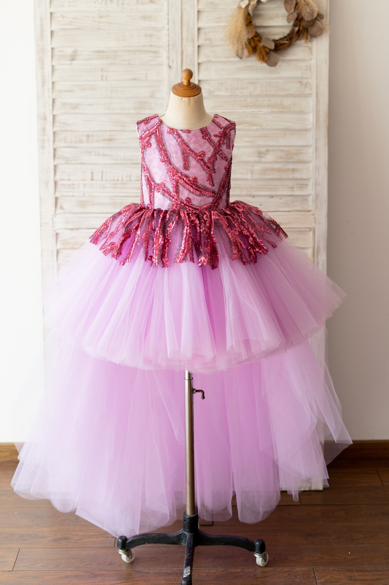 Fuchsia Sequin Tulle V Back Hi-Low Wedding Flower Girl Dress Kids Party Dress