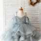 Silver Gray Glittering Tulle Straps V Back Wedding Flower Girl Dress Kids Party