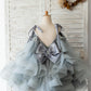 Silver Gray Glittering Tulle Straps V Back Wedding Flower Girl Dress Kids Party