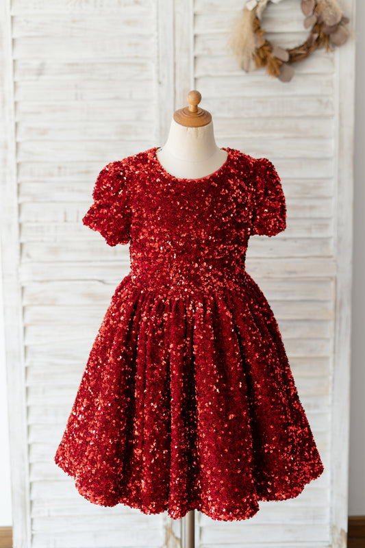 Short Sleeves Burgundy Sequin Wedding Flower Girl Dress Kids Formal Dress