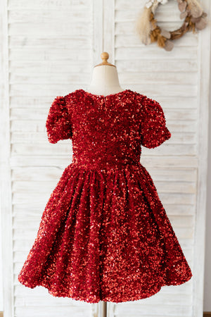 Short Sleeves Burgundy Sequin Velvet Kids Formal Flower Girl Dress 9T Short Sleeves Burgundy Sequin Velvet Kids Formal Flower Girl Dress 9T