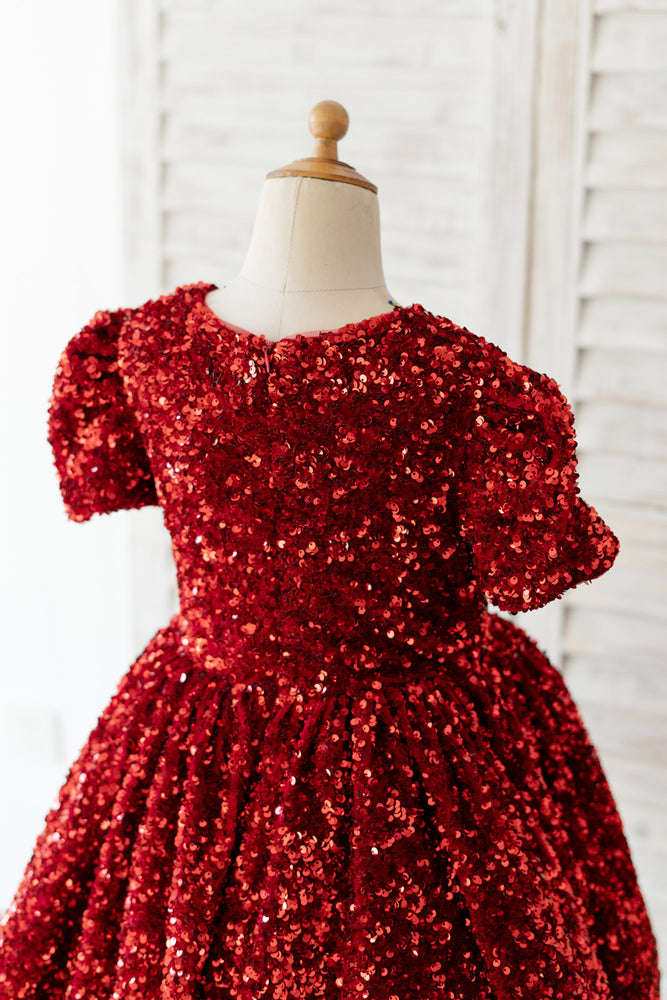 Short Sleeves Burgundy Sequin Velvet Kids Formal Flower Girl Dress 9T
