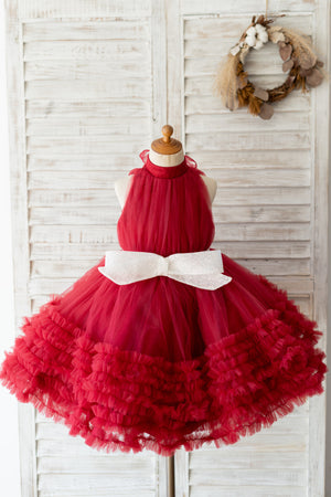 Halter Burgundy Tulle Ruffles Wedding Kids Party Flower Girl Dress - Flower Girl Dresses Halter Burgundy Tulle Ruffles Wedding Kids Party Flower Girl Dress - Flower Girl Dresses