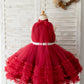 Halter Neck Burgundy Tulle Ruffles Wedding Flower Girl Dress Kids Party Dress