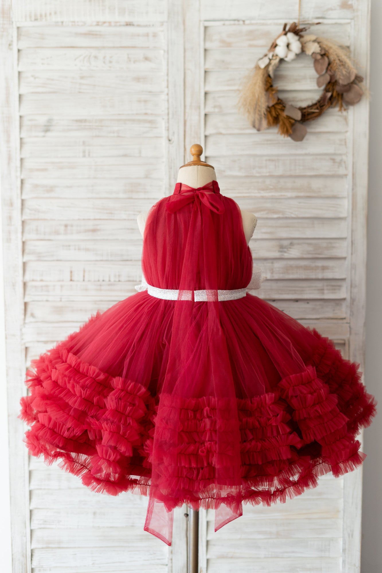 Halter Neck Burgundy Tulle Ruffles Wedding Flower Girl Dress Kids Party Dress