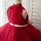 Halter Neck Burgundy Tulle Ruffles Wedding Flower Girl Dress Kids Party Dress