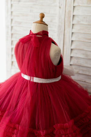 Halter Burgundy Tulle Ruffles Wedding Kids Party Flower Girl Dress - Flower Girl Dresses Halter Burgundy Tulle Ruffles Wedding Kids Party Flower Girl Dress - Flower Girl Dresses