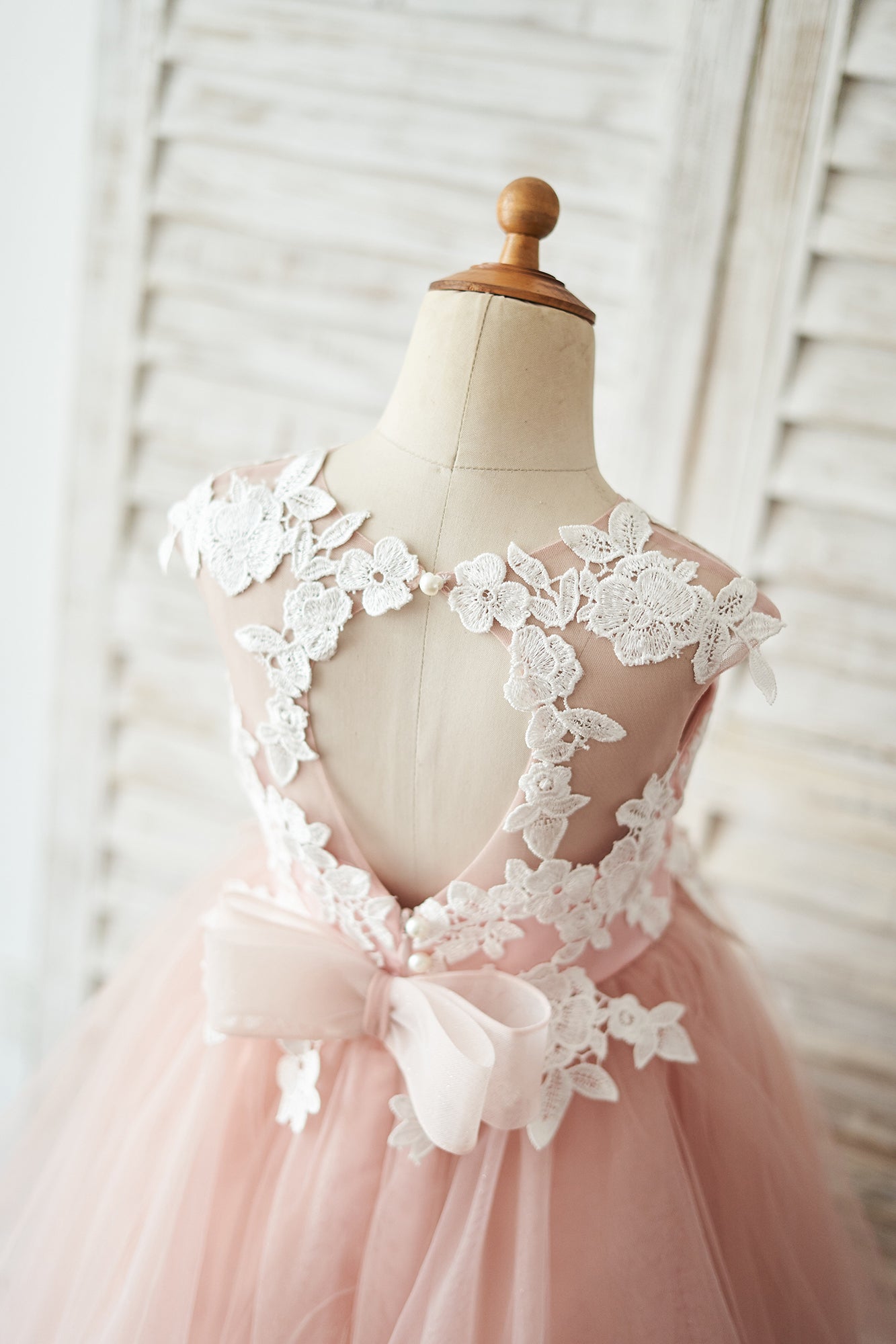 Mauve Tulle Ivory Lace Keyhole Back Wedding Flower Girl Dress Kids Formal Dress
