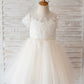 Princess Short Sleeves Ivory Lace Champagne Tulle Wedding Flower Girl Dress