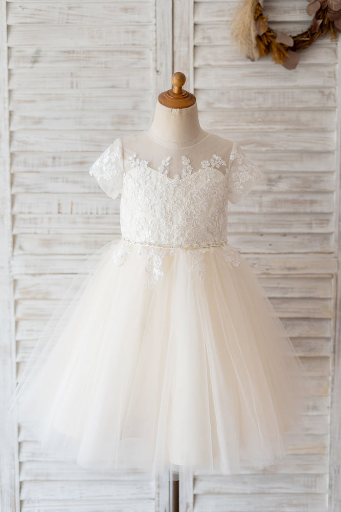 Princess Short Sleeves Ivory Lace Champagne Tulle Wedding Flower Girl